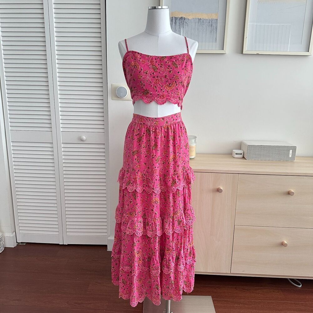 Caroline Constas Skirt Womens Large Floral Lace Tiered Crop Top Matching Co Ord